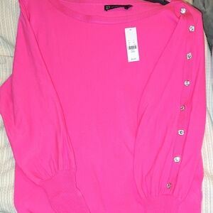 New York & Company Hot Pink Button-Sleeve Blouse